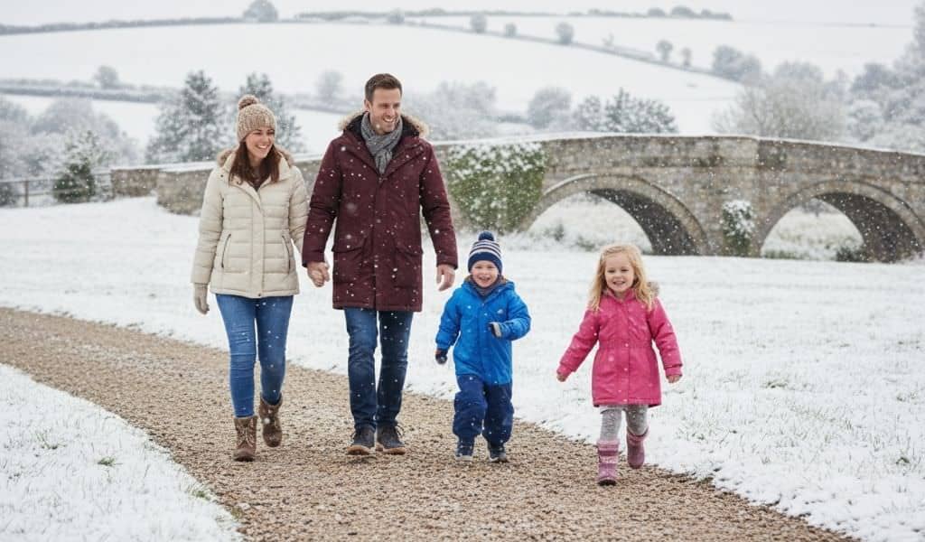 Mum, Dad, daughter and son walking along gravel path between fields of snow