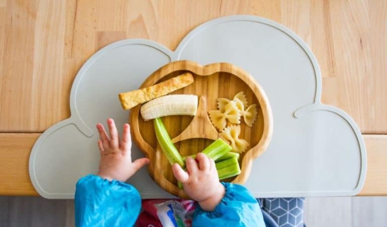 Aerial view of toddler hands eating a variety of foods. From a weaning tips article on Northants Families