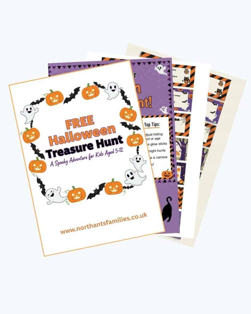 Halloween treasure hunt page spread on Northants Families. Free printable Halloween treasure hunt clues for kids