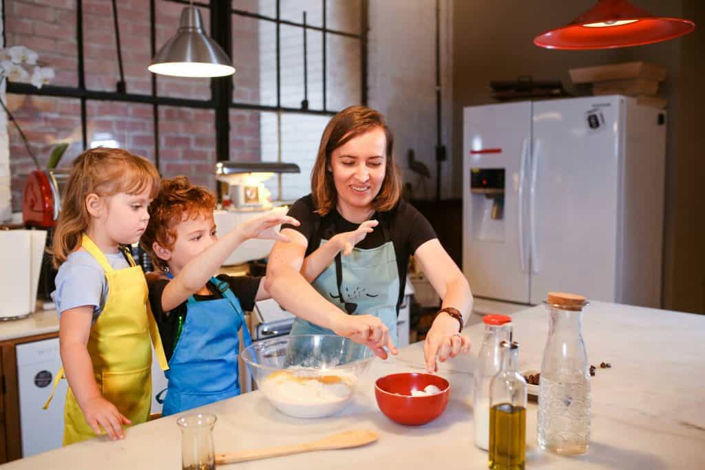 Family baking together as screen-free bonding activity