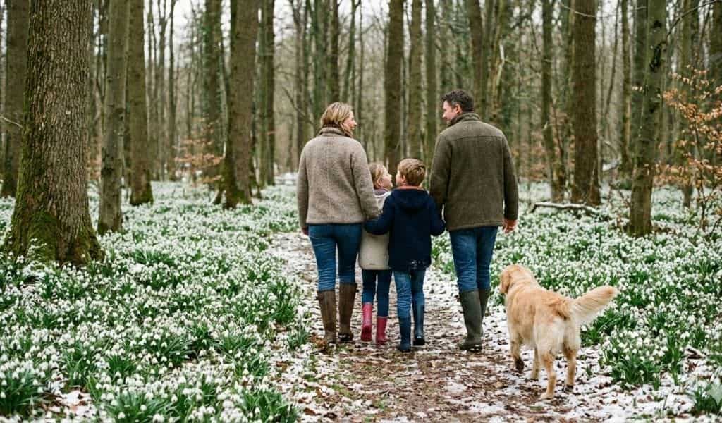 A family walking through the woods full of snowdrops