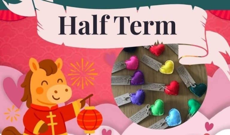 Illustrated Half Term poster showing a cartoon horse and a circular photo of multicolored heart crafts with tags.