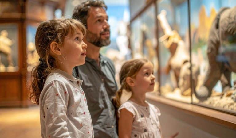 Man and 2 girls looking into a cabinet at a museum