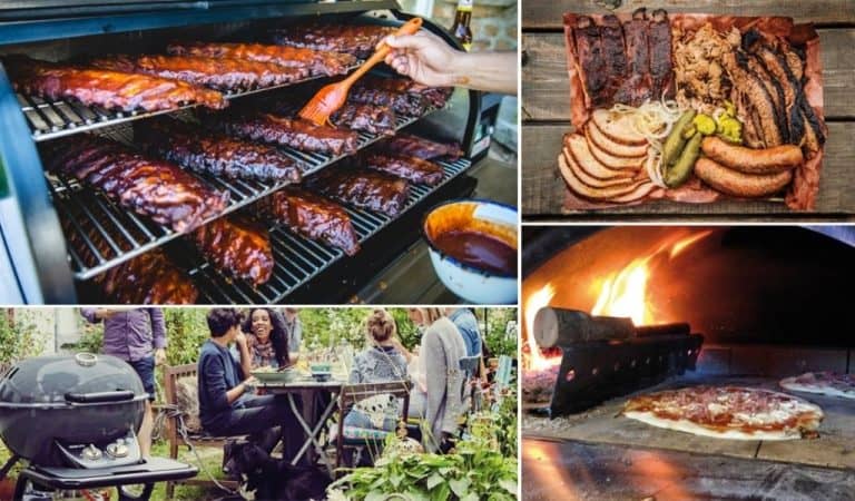 BBQ ribs being basted on a smoker, a platter of smoked meats, friends gathered around a garden BBQ, and a pizza cooking in a wood-fired oven