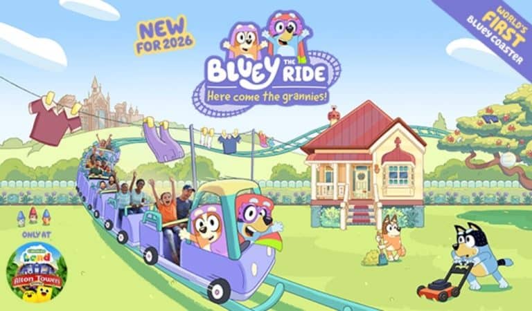 Illustrated advert for The Bluey Ride, a new-for-2026 family coaster at CBeebies Land, showing Bluey and Bingo dressed as grannies riding a small purple coaster past Bluey’s house; banner says it is the world’s first Bluey coaster.
