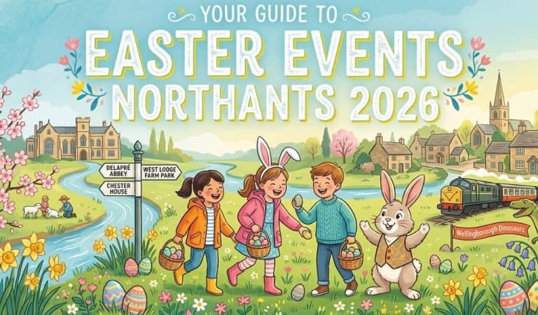 Pastel illustrated poster for “Your Guide to Easter Events Northants 2026,” with three children carrying Easter baskets, a smiling rabbit, flowers, decorated eggs, village buildings, and a train in a cheerful spring landscape.
