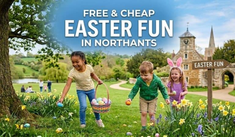Poster reading “Free & Cheap Easter Fun in Northants” showing three children collecting Easter eggs in a grassy park near a church and an “Easter Fun” sign.