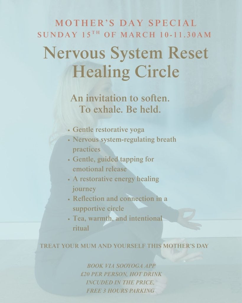 Soft blue promotional poster for a “Mother’s Day Special” event: “Nervous System Reset Healing Circle,” Sunday 15 March, 10–11:30am, with a faint photo of a person seated in a yoga pose.