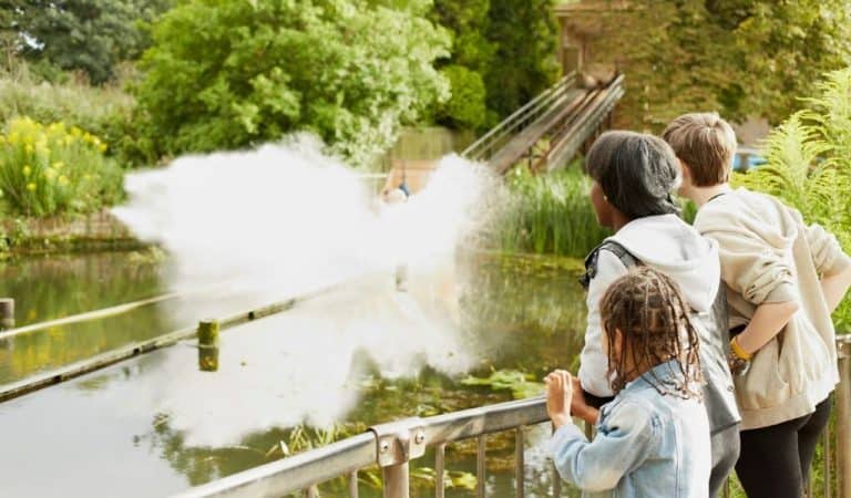 Family watching the Water Chute splashdown at Wicksteed Park