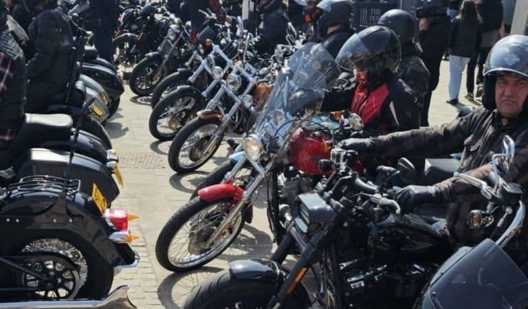A row of Harley Davidson motorbikes getting ready for the April Fools Harley Run Northampton