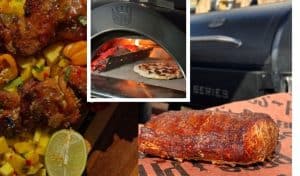A triptych of food images showing glazed chicken wings with mango salsa, a pizza cooking inside a Clementi wood-fired oven, and a smoked meat joint resting next to a Pro Series barbecue