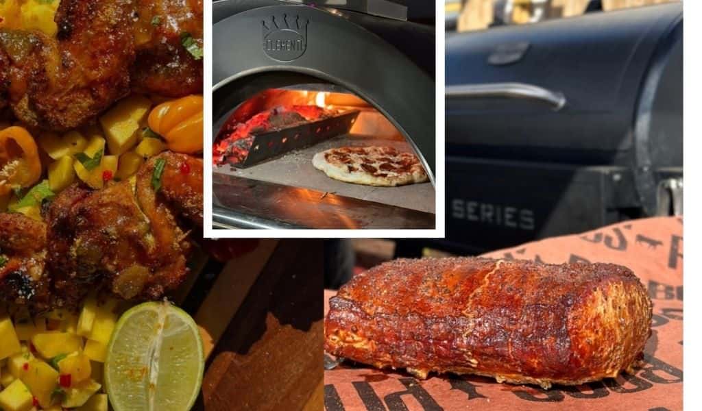 A triptych of food images showing glazed chicken wings with mango salsa, a pizza cooking inside a Clementi wood-fired oven, and a smoked meat joint resting next to a Pro Series barbecue