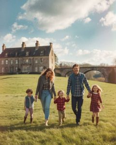 Family of Mum, dad and 3 children walking towards viewer in a field with old buildings behind them