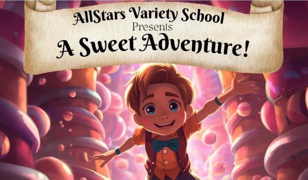 Illustration of a boy looking at the viewer with a banner above his head reading AllStars Variety School presents A Sweet Adventure