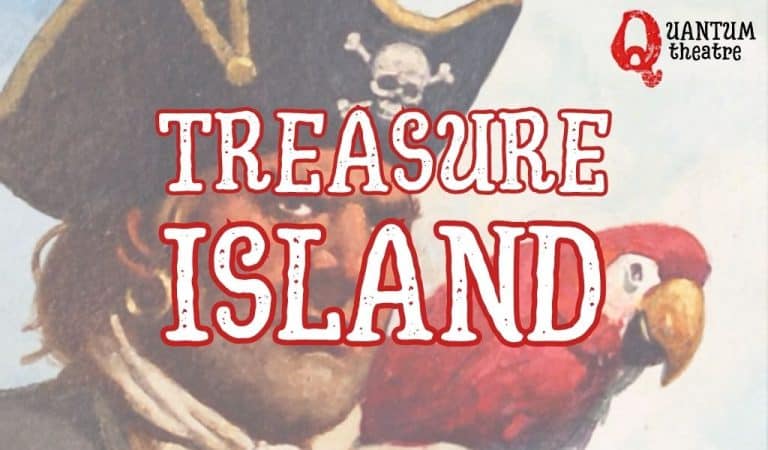 A pirate with a parrot on his should looking at the viewer. Treasure Island written in bold red and white text overlay