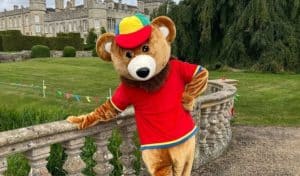 Barney Bear mascot posing in the gardens at Deene Park ahead of the Teddy Bears Picnic