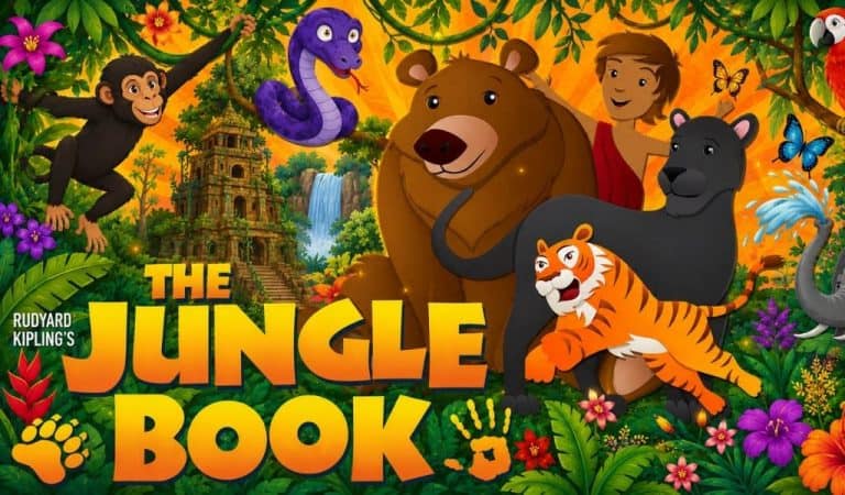 Illustrated Jungle Book poster featuring Mowgli, Baloo the bear, Bagheera the panther, Shere Khan the tiger and jungle animals in a colourful forest scene