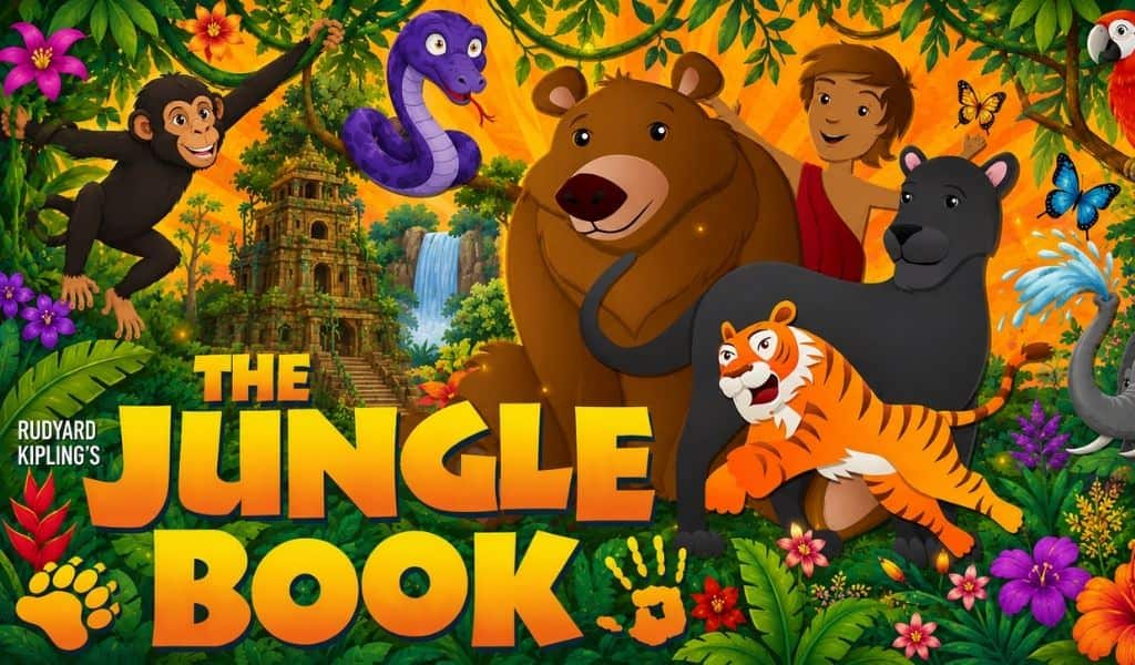 Illustrated Jungle Book poster featuring Mowgli, Baloo the bear, Bagheera the panther, Shere Khan the tiger and jungle animals in a colourful forest scene