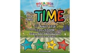Preacher the Storyteller Picnic Story Family Time poster for Delapré Abbey, showing event details for 12th August 2026, 12:00–3:00pm in the Walled Garden, with icons for family picnic, inclusive fun, drop-in sessions and live storytelling.