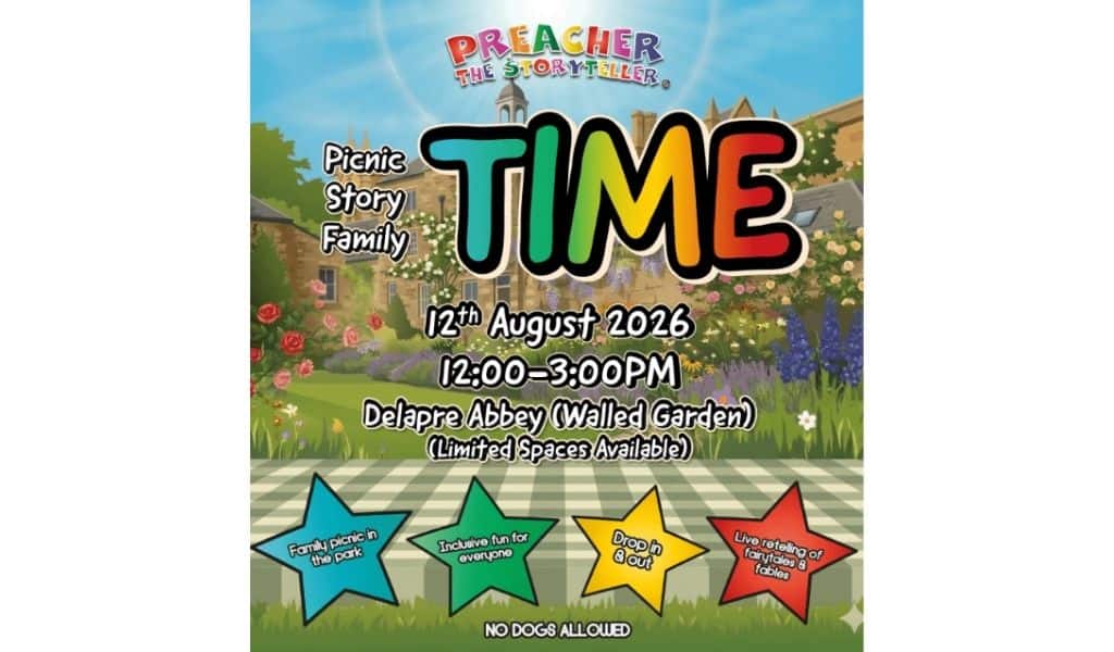 Preacher the Storyteller Picnic Story Family Time poster for Delapré Abbey, showing event details for 12th August 2026, 12:00–3:00pm in the Walled Garden, with icons for family picnic, inclusive fun, drop-in sessions and live storytelling.