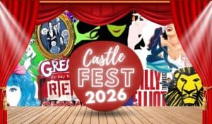 Castle Fest 2026 poster with red theatre curtains, a wooden stage floor, and collaged illustrations from musicals including Wicked, Grease, The Little Mermaid, Billy Elliot and The Lion King.