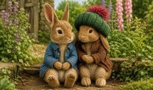 Two realistic rabbit characters dressed as Peter Rabbit in a blue jacket and Benjamin Bunny in a brown jacket with a green bobble hat, sitting together in a garden surrounded by foxgloves