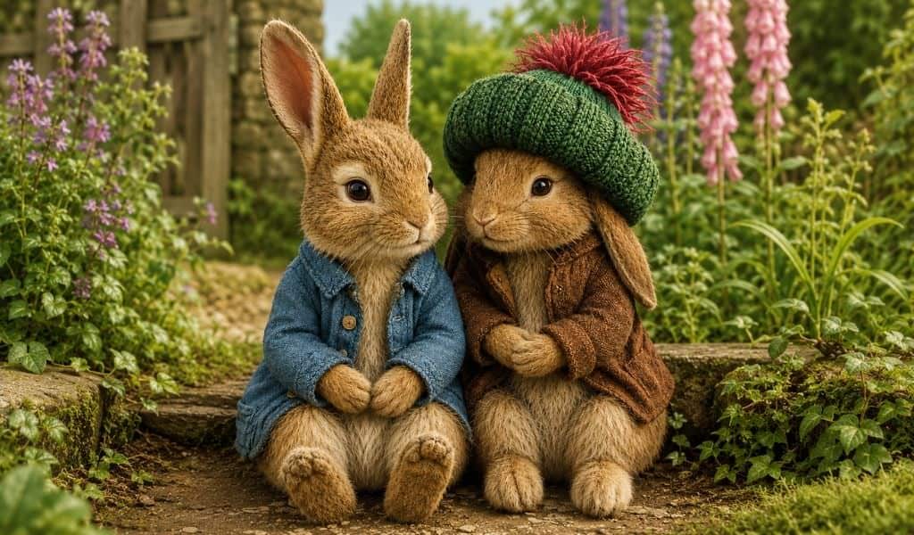 Two realistic rabbit characters dressed as Peter Rabbit in a blue jacket and Benjamin Bunny in a brown jacket with a green bobble hat, sitting together in a garden surrounded by foxgloves
