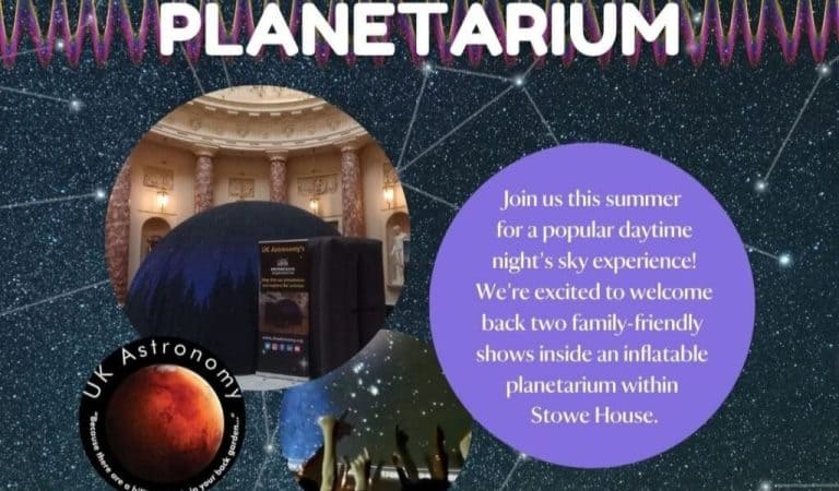 Promotional graphic for the Stowe House Planetarium 2026 event, showing the inflatable UK Astronomy planetarium set up inside Stowe House's domed hall, with a starry night sky background and event details.
