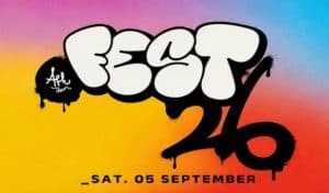 Colourful graffiti-style 'Art Jam Fest 26' logo on a pink, orange and blue gradient background, with text reading 'Sat. 05 September'
