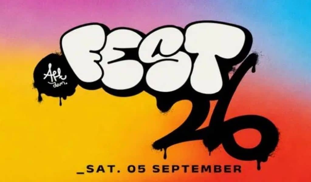 Colourful graffiti-style 'Art Jam Fest 26' logo on a pink, orange and blue gradient background, with text reading 'Sat. 05 September'