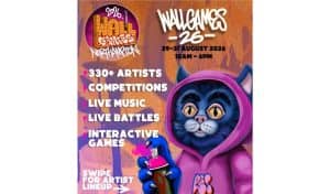 Wall Games 2026 Northampton flyer showing an illustrated character in a pink hoodie holding a spray can, with event details: 330+ artists, competitions, live music, live battles and interactive games, 29–31 August, 10am–6pm