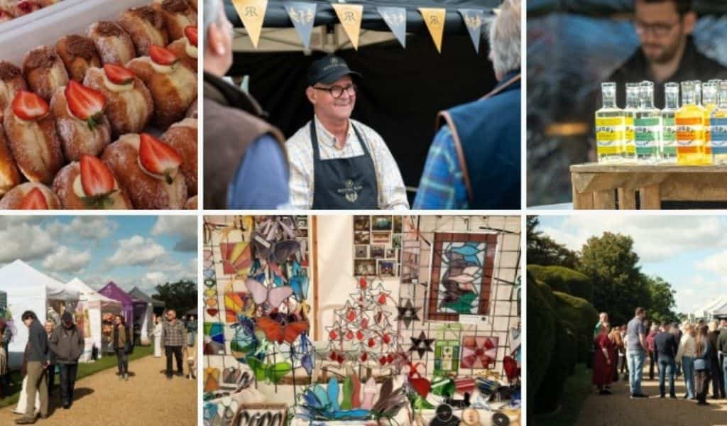 Grid of photos from Rockingham Castle's Autumn Artisan Fair, showing strawberry-topped pastries, a market stallholder under bunting, artisan drinks displayed on a wooden stand, visitors browsing craft tents, handmade stained glass decorations, and families queuing at stalls in the Castle grounds.