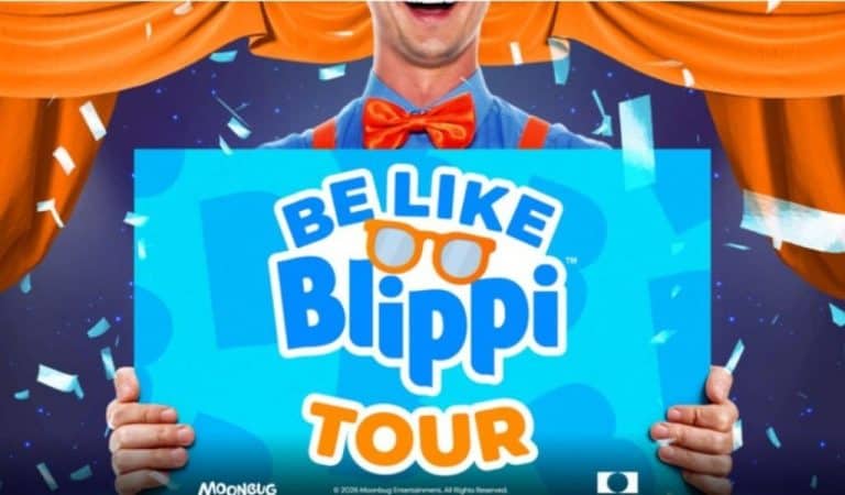 Be Like Blippi Tour" promotional poster showing a performer in Blippi's blue shirt and orange bow tie holding a bright blue sign against orange stage curtains and confetti.
