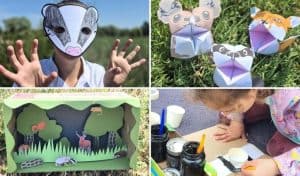Collage of Big Badger Craft Club activities at Stanwick Lakes, including a child wearing a badger mask, folded paper woodland animals, a woodland diorama with badgers and foxes, and children painting with black paint