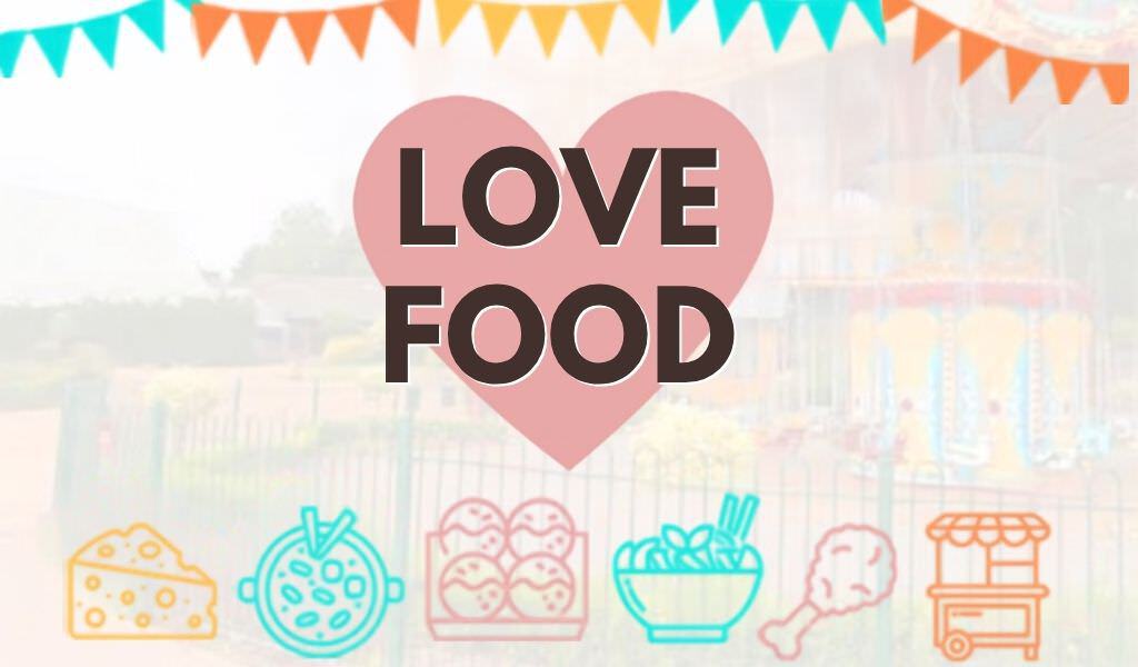 Pink heart-shaped "Love Food" graphic with colourful bunting and food icons, promoting Kettering Town Council's food festival at Wicksteed Park