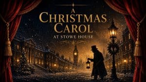 Gold-lettered "A Christmas Carol at Stowe House" poster showing a Victorian gentleman with a lantern on a snowy street, framed by red theatre curtains