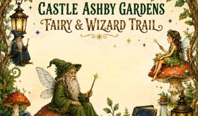 Illustrated poster for the Castle Ashby Gardens Fairy & Wizard Trail, framed by a leafy archway, showing a winged elderly wizard-fairy character seated on a mushroom holding a wand, a young fairy with wings seated on a red-and-white spotted toadstool, a small wizard figure tucked into a hanging lantern, and spell books and glowing potion bottles in the foreground.