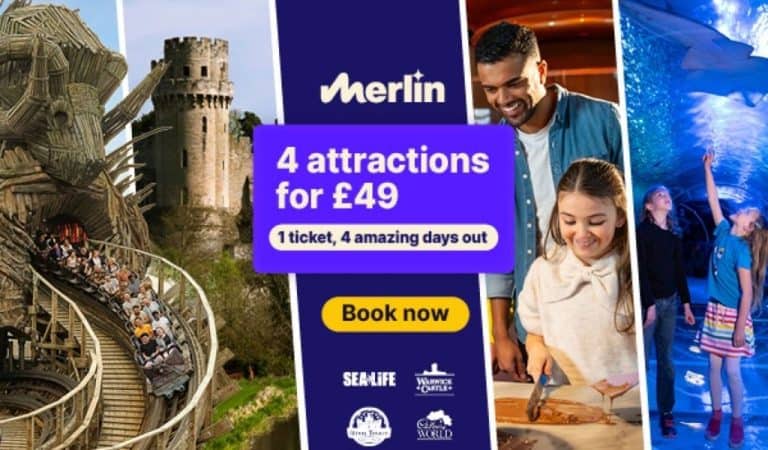 Merlin Midlands Adventure Pass banner reading "4 attractions for £49, 1 ticket, 4 amazing days out", with a rollercoaster, Warwick Castle, a dad and daughter making chocolate and children in an aquarium tunnel