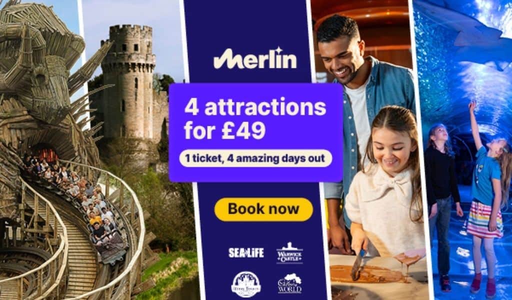 Merlin Midlands Adventure Pass banner reading "4 attractions for £49, 1 ticket, 4 amazing days out", with a rollercoaster, Warwick Castle, a dad and daughter making chocolate and children in an aquarium tunnel