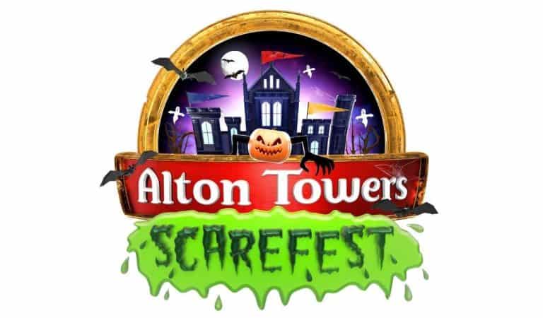 Alton Towers Logo with Scarefest written underneath in green slime