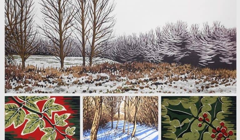 Four-panel collage of colourful lino cut prints showing a frosty winter woodland with bare trees and snow, alongside close-up prints of holly berries and ivy leaves