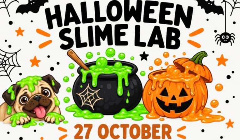 Illustrated Halloween graphic for the Slime Lab workshop at Stowe House on 27 October, showing a slime-covered pug, a bubbling cauldron of green slime and a jack-o-lantern overflowing with orange slime.