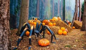 Giant spider amongst pumpkins in a dark forest