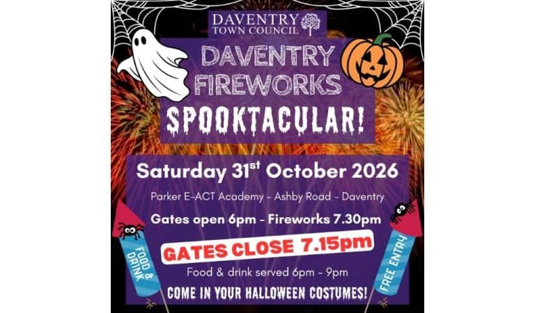 Daventry Fireworks Spooktacular poster from Daventry Town Council. It has a purple background with orange fireworks, a cartoon ghost, a pumpkin, cobwebs and spider-covered rockets. It shows Saturday 31st October at Parker E-ACT Academy, Ashby Road, with gates open 6pm, fireworks 7.30pm, gates closing 7.15pm, free entry, food and drink, and Halloween costumes welcome.