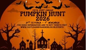 Castle Ashby Gardens Pumpkin Hunt 2026 poster with bats, pumpkins and a silhouetted spooky village against an orange background, showing dates 24th October to 1st November
