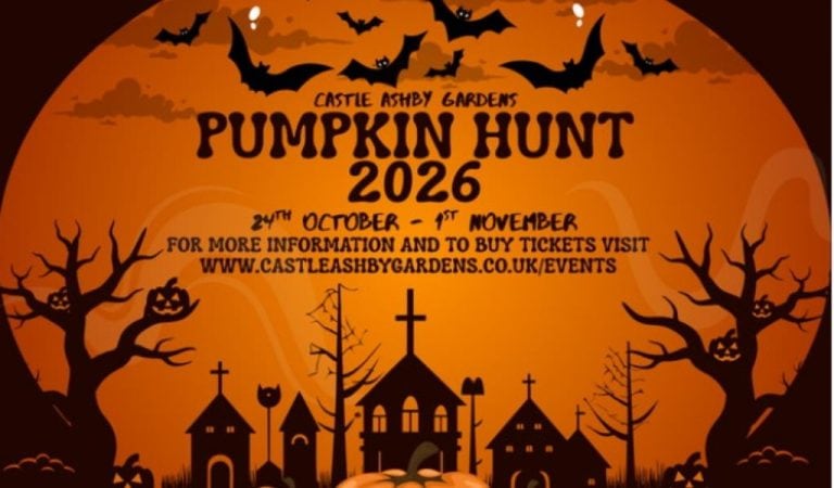 Castle Ashby Gardens Pumpkin Hunt 2026 poster with bats, pumpkins and a silhouetted spooky village against an orange background, showing dates 24th October to 1st November
