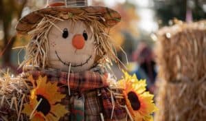 Smiling scarecrow with a straw hat, straw hair and an orange nose, decorated with sunflowers, standing among hay bales in autumn sunshine
