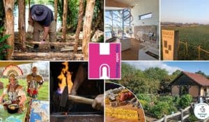Collage of Heritage Open Day activities at Stanwick Lakes, including Bronze Age boat building, the Heritage Museum display, a marker stone on the heritage trail, Roman reenactors, a blacksmith at work, natural dyeing materials, and the Heritage Garden with barn, alongside the Heritage Open Days and National Lottery Heritage Fund logos.