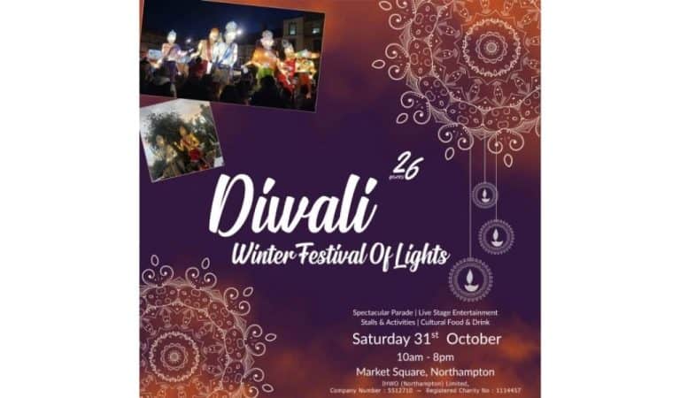Purple and orange poster for Northampton's Diwali Winter Festival of Lights, celebrating 26 years, with photos of illuminated giant puppets from the parade, mandala patterns and hanging diya lamps. It lists a spectacular parade, live stage entertainment, stalls and activities, and cultural food and drink on Saturday 31st October, 10am to 8pm, at Market Square, Northampton.