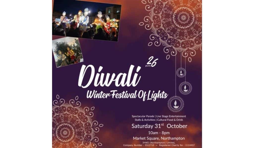 Purple and orange poster for Northampton's Diwali Winter Festival of Lights, celebrating 26 years, with photos of illuminated giant puppets from the parade, mandala patterns and hanging diya lamps. It lists a spectacular parade, live stage entertainment, stalls and activities, and cultural food and drink on Saturday 31st October, 10am to 8pm, at Market Square, Northampton.